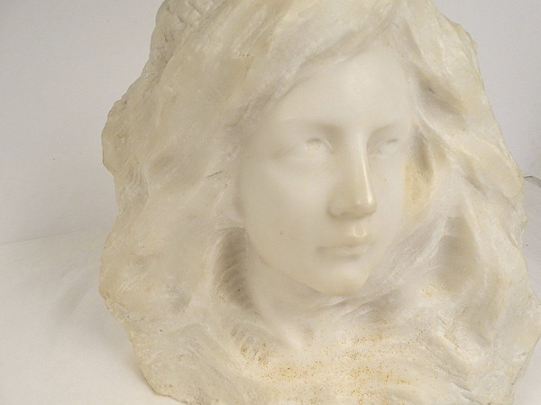 Scultura Testa di Giovane Donna Marmo di Carrara G. Verona Stile Liberty XIX Secolo