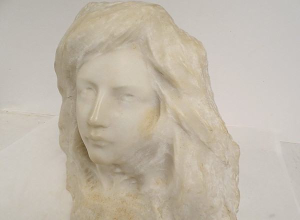Scultura Testa di Giovane Donna Marmo di Carrara G. Verona Stile Liberty XIX Secolo