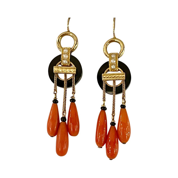 Pendants d'Oreilles En Or, Onyx Et Corail