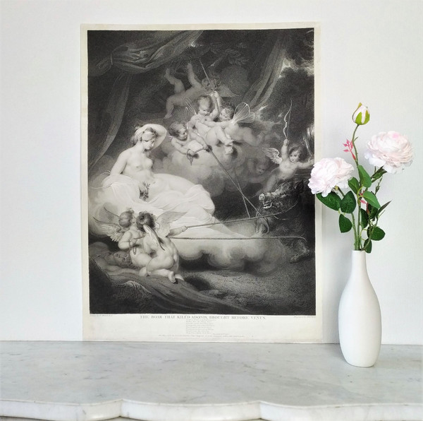 Mythological Etching Empire Period Engraving Venus And Adonis Old Print 19th c
