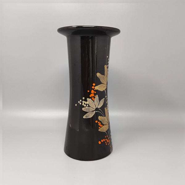 1970 Prächtige braune Keramikvase von SIC, handbemalt. Hergestellt in Italien