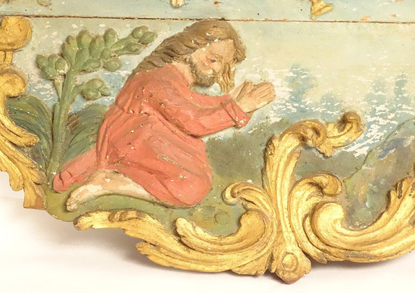 Polychrom geschnitzte Holztafel Christus am Ölberg aus dem 17. Jahrhundert