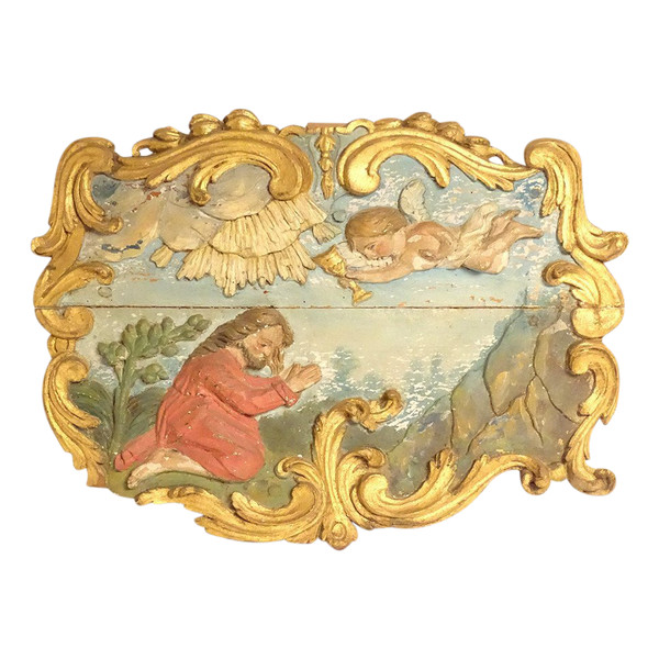 Polychrom geschnitzte Holztafel Christus am Ölberg aus dem 17. Jahrhundert