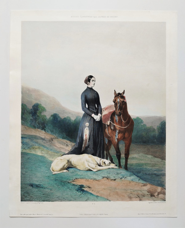 Lithographie Aquarellée d'après Alfred De Dreux Cavalière Cheval Et Lévrier XIXème 
