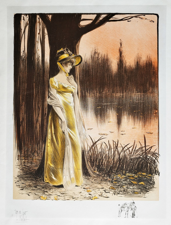 Lithograph By Louis Vallet Woman At The Edge Of A Lake Old Print 