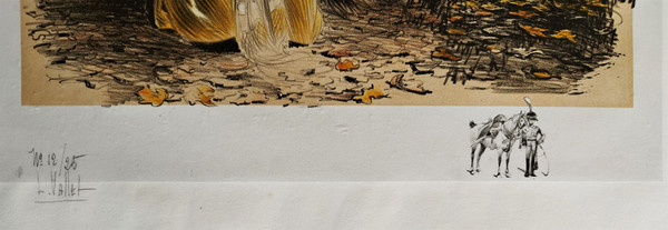 Lithograph By Louis Vallet Woman At The Edge Of A Lake Old Print 