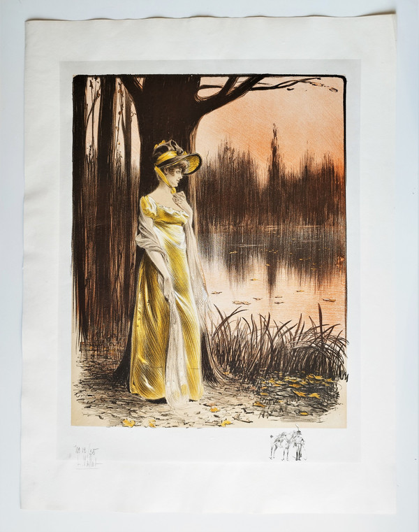 Lithograph By Louis Vallet Woman At The Edge Of A Lake Old Print 