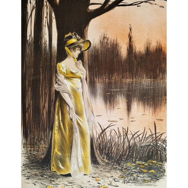 Lithograph By Louis Vallet Woman At The Edge Of A Lake Old Print 