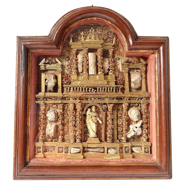 Tableau Reliquaire Paperolle Retable Baroque Vierge Saints Martyrs XVIIème