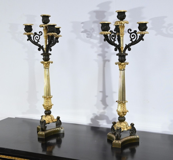 Coppia di Candelieri in Bronzo con Doppia Patina, Epoca Restauro – Inizio XIX Secolo