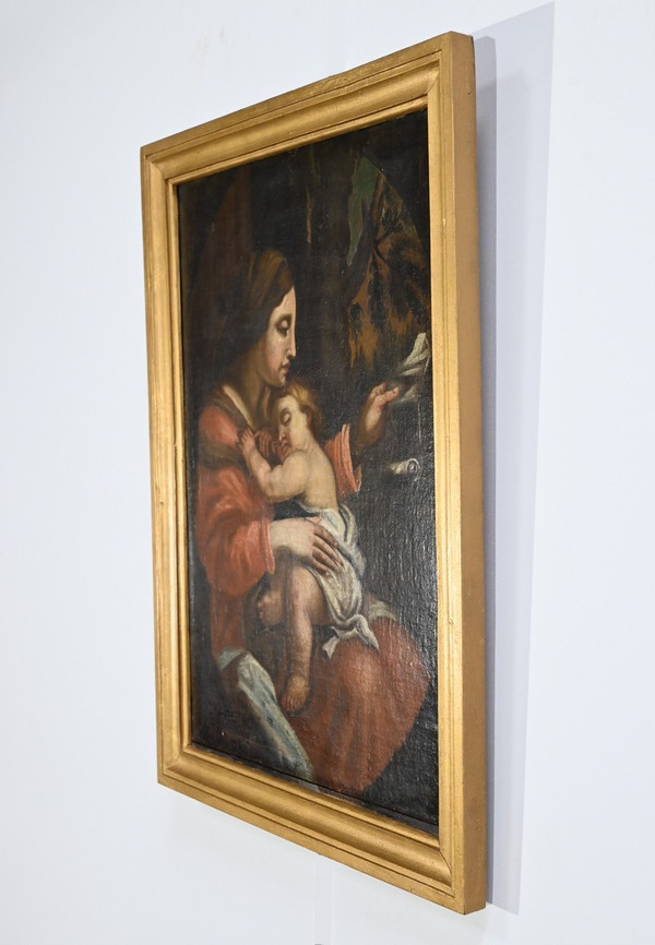 Peinture à l’Huile « Vierge à l’Enfant », école du XIXe – Fin XIXe