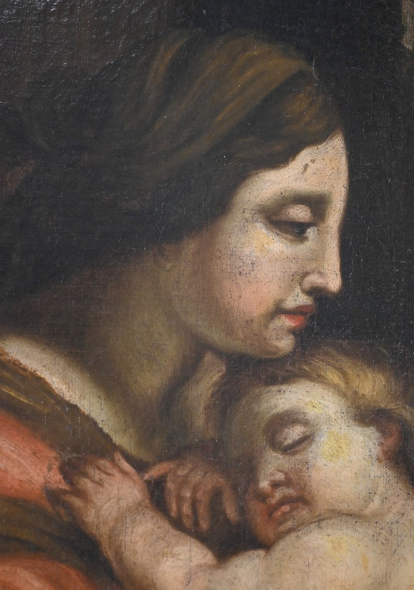 Peinture à l’Huile « Vierge à l’Enfant », école du XIXe – Fin XIXe