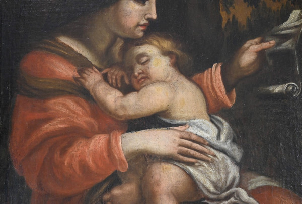 Peinture à l’Huile « Vierge à l’Enfant », école du XIXe – Fin XIXe