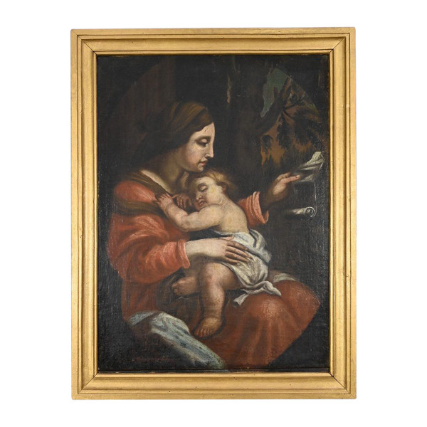 Peinture à l’Huile « Vierge à l’Enfant », école du XIXe – Fin XIXe