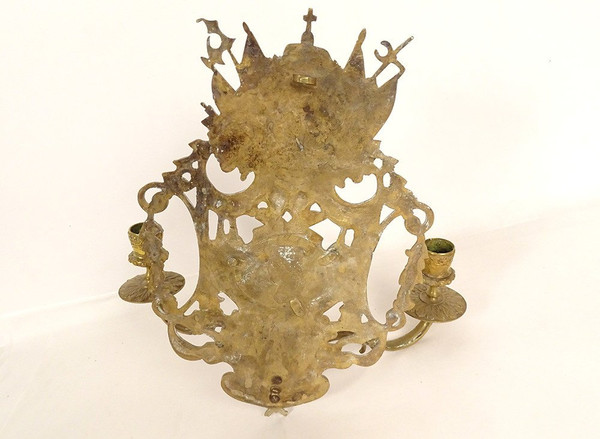 Paire Appliques 3 Feux Bronze Louis XIV Armes France Fleurs Lys Putti XIXè