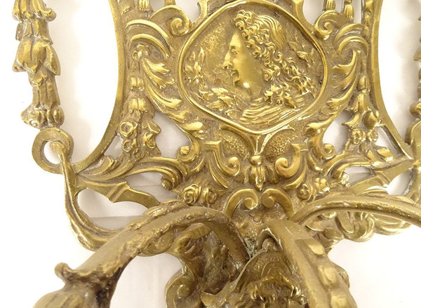 Paire Appliques 3 Feux Bronze Louis XIV Armes France Fleurs Lys Putti XIXè