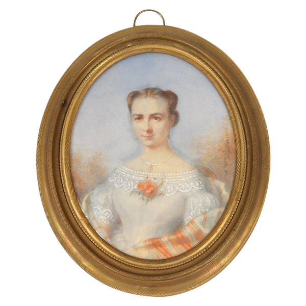 Oval Miniature Signed Vve Lallemand Portrait Young Woman Flowers 19th