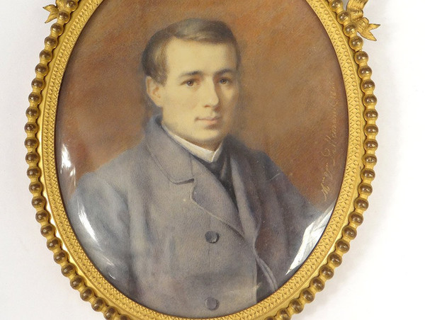 Oval Miniature Signed Adèle Lallemand Portrait Young Man Costume 19th