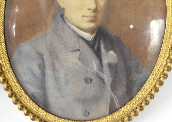 Oval Miniature Signed Adèle Lallemand Portrait Young Man Costume 19th