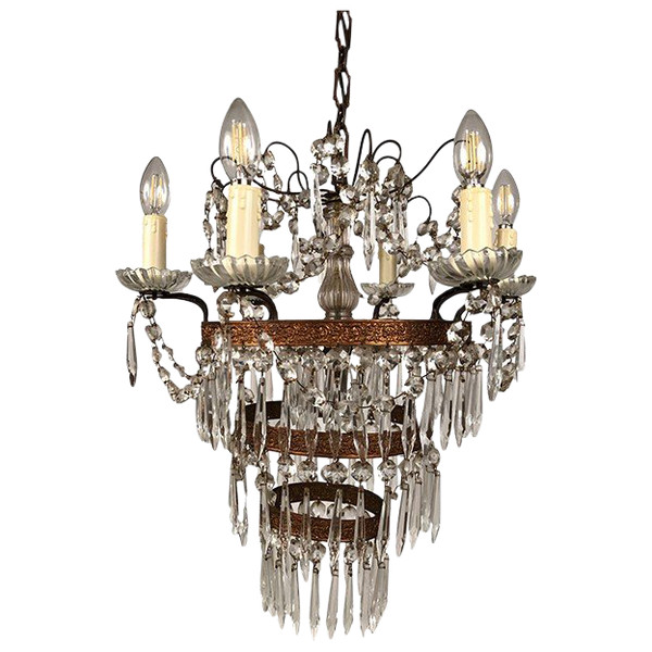 Lampadario con pendenti in cristallo a sette luci, stile Luigi XVI