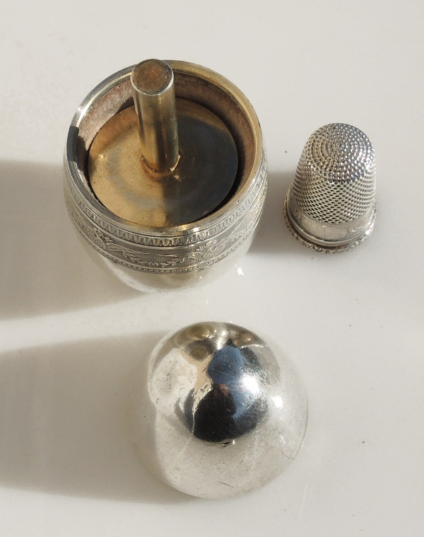 Cousette Sewing Kit Solid Silver Egg Needle Holder Spool Thimble