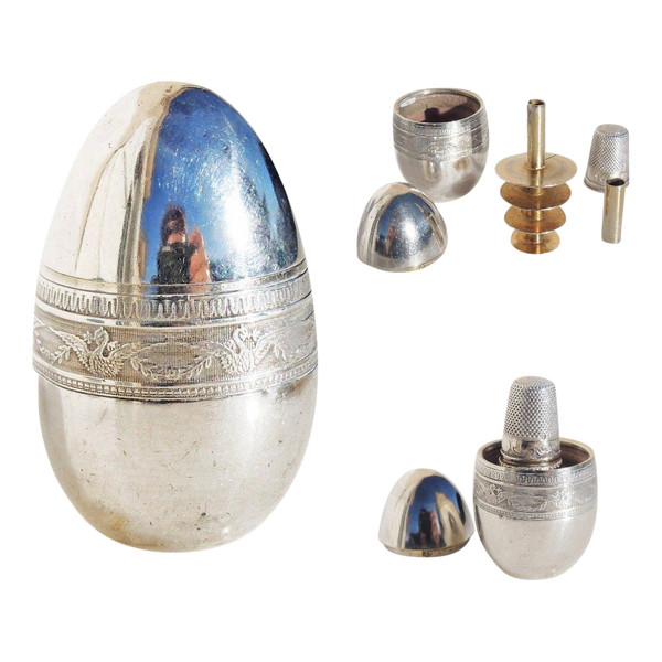 Cousette Sewing Kit Solid Silver Egg Needle Holder Spool Thimble