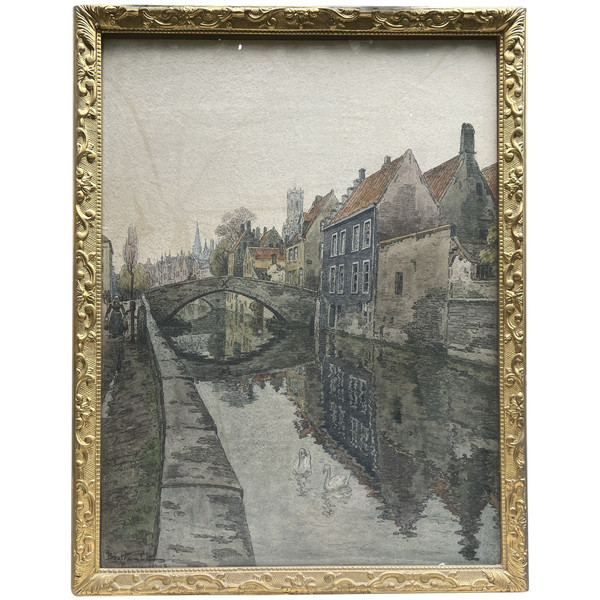 Jules Louis Berteault (xix - Died 1916) - Bruges, Le Quai Vert, 1908