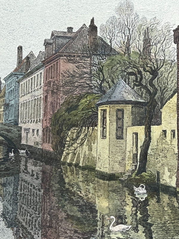 Jules Louis Berteault (xix - Mort En 1916) - Bruges, Un Canal, 1908