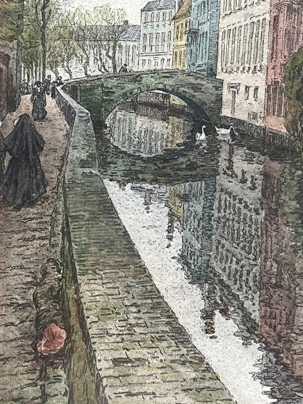 Jules Louis Berteault (xix - Mort En 1916) - Bruges, Un Canal, 1908