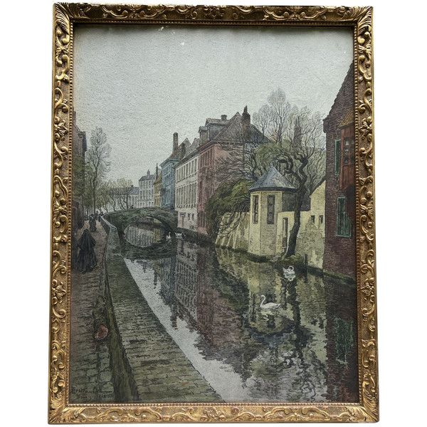 Jules Louis Berteault (xix - Mort En 1916) - Bruges, Un Canal, 1908