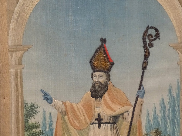 Quadro San Biagio Ricamo in seta Fili d'oro Argento Cornice dorata Impero XIX secolo