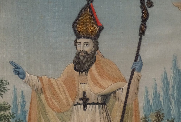 Quadro San Biagio Ricamo in seta Fili d'oro Argento Cornice dorata Impero XIX secolo
