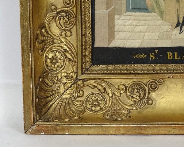 Quadro San Biagio Ricamo in seta Fili d'oro Argento Cornice dorata Impero XIX secolo