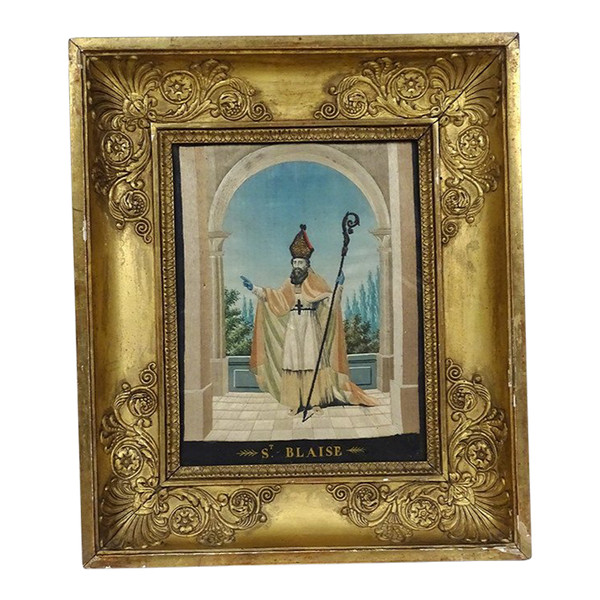 Quadro San Biagio Ricamo in seta Fili d'oro Argento Cornice dorata Impero XIX secolo