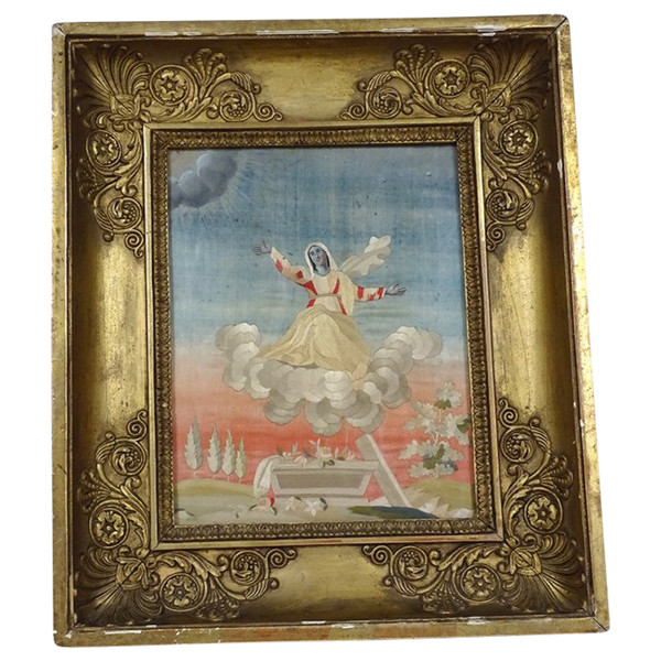 Tableau Ascension Vierge Marie Broderie Soie Cadre Doré Ier Empire XIXème
