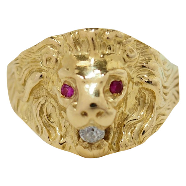 Siegelring Löwe aus Gelbgold, Rubin und Diamant