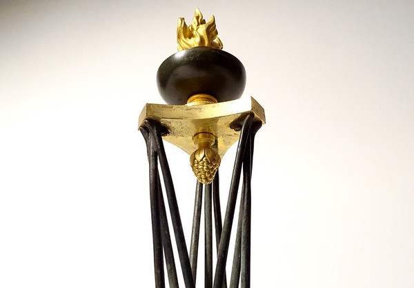 Coppia di cassolette ateniesi in bronzo e marmo, braciere, primo impero, XIX secolo