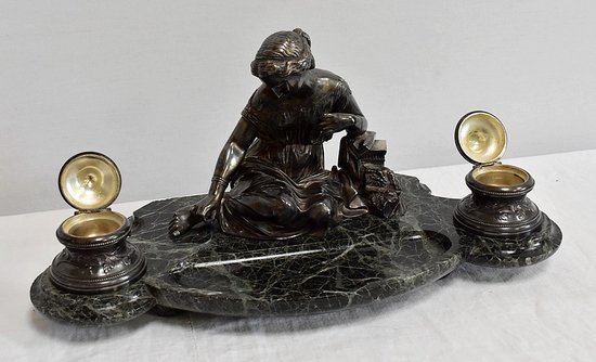 Doppio Calamaio in Bronzo Argentato su Marmo Verde Mare - 1900
