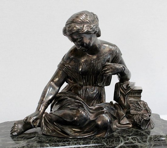 Doppio Calamaio in Bronzo Argentato su Marmo Verde Mare - 1900