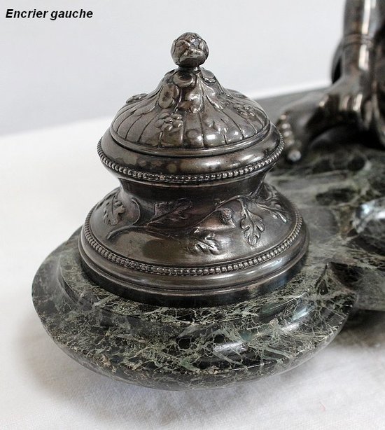 Doppio Calamaio in Bronzo Argentato su Marmo Verde Mare - 1900