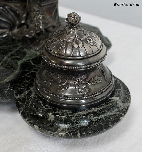 Doppio Calamaio in Bronzo Argentato su Marmo Verde Mare - 1900