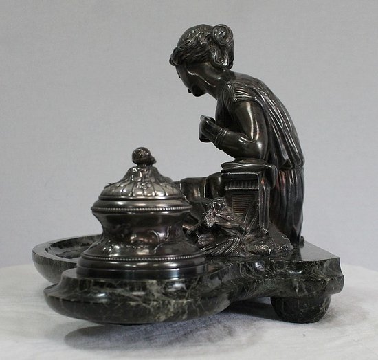 Doppio Calamaio in Bronzo Argentato su Marmo Verde Mare - 1900