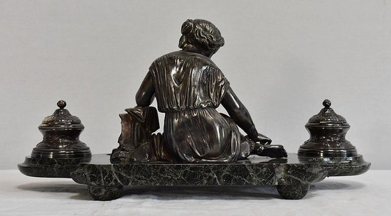 Doppio Calamaio in Bronzo Argentato su Marmo Verde Mare - 1900
