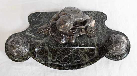 Doppio Calamaio in Bronzo Argentato su Marmo Verde Mare - 1900