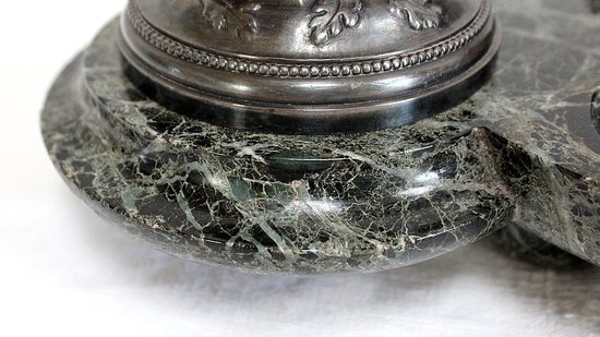 Doppio Calamaio in Bronzo Argentato su Marmo Verde Mare - 1900