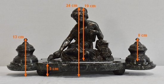 Doppio Calamaio in Bronzo Argentato su Marmo Verde Mare - 1900