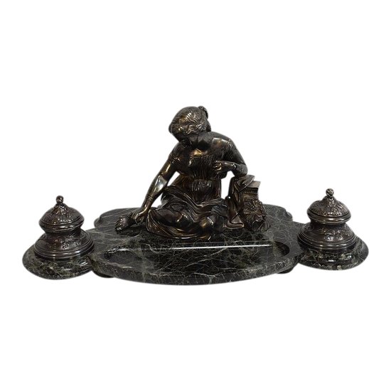 Doppio Calamaio in Bronzo Argentato su Marmo Verde Mare - 1900
