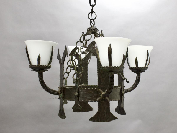 Pair Of Art Deco Wrought Iron And Opaline Chandeliers