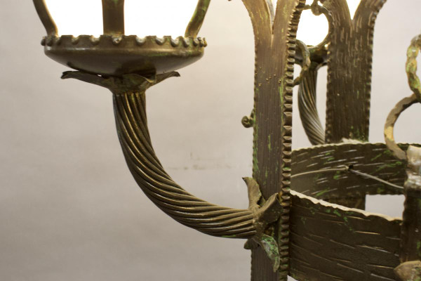 Pair Of Art Deco Wrought Iron And Opaline Chandeliers
