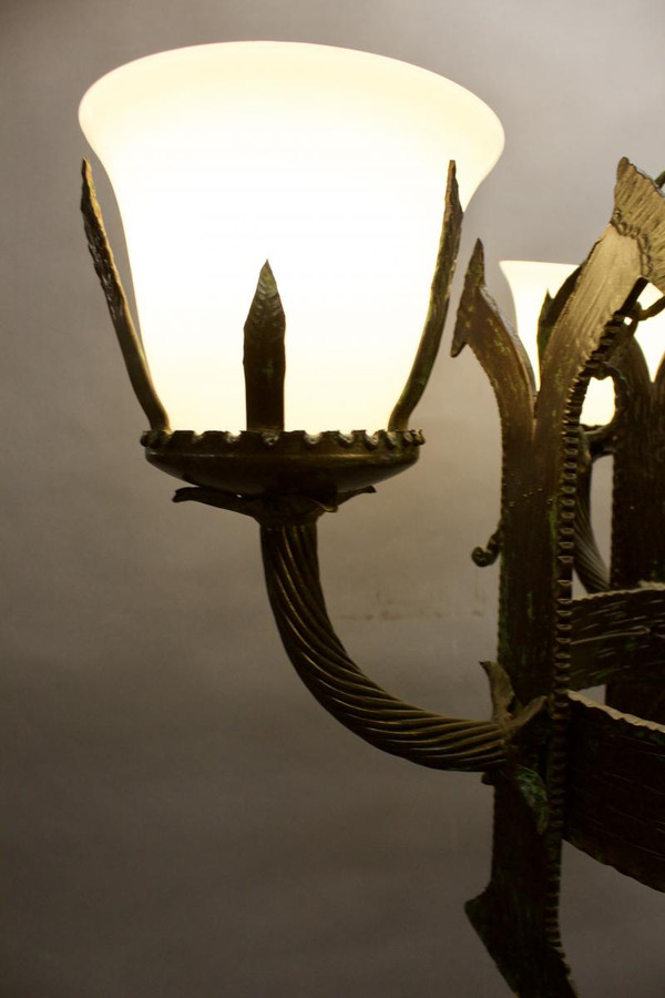 Pair Of Art Deco Wrought Iron And Opaline Chandeliers